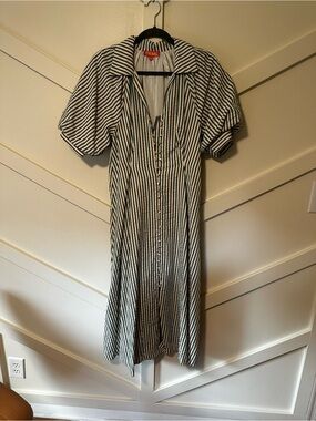 THML Green and White Striped Midi Button-Front Dress